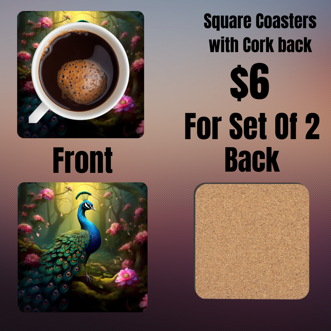 "Majestic Peacock Garden" Square Coasters Set