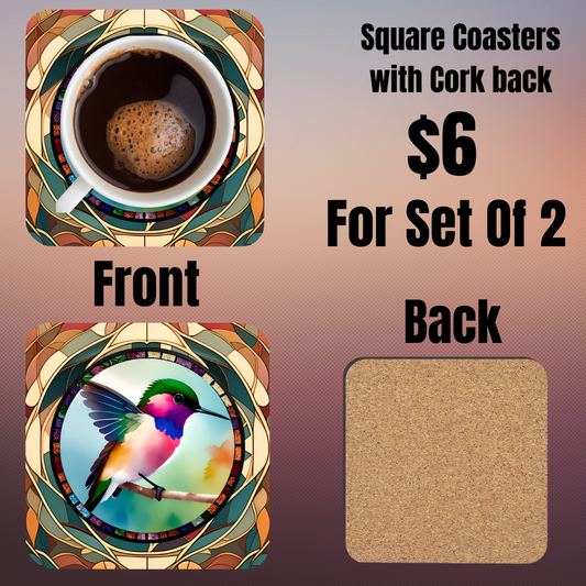 Square Coasters with Hummingbird Design - Set of 2