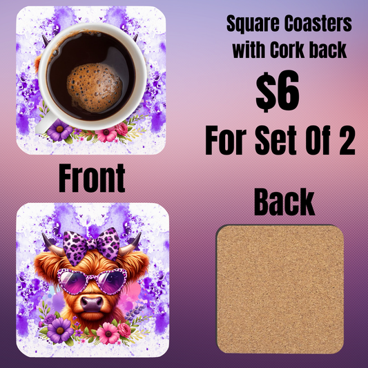 Highland Cow Square Coasters