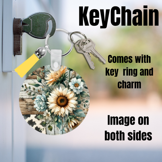 Rustic Sunflower Patchwork Double-Sided Keychain — Round with Key Ring + Charm