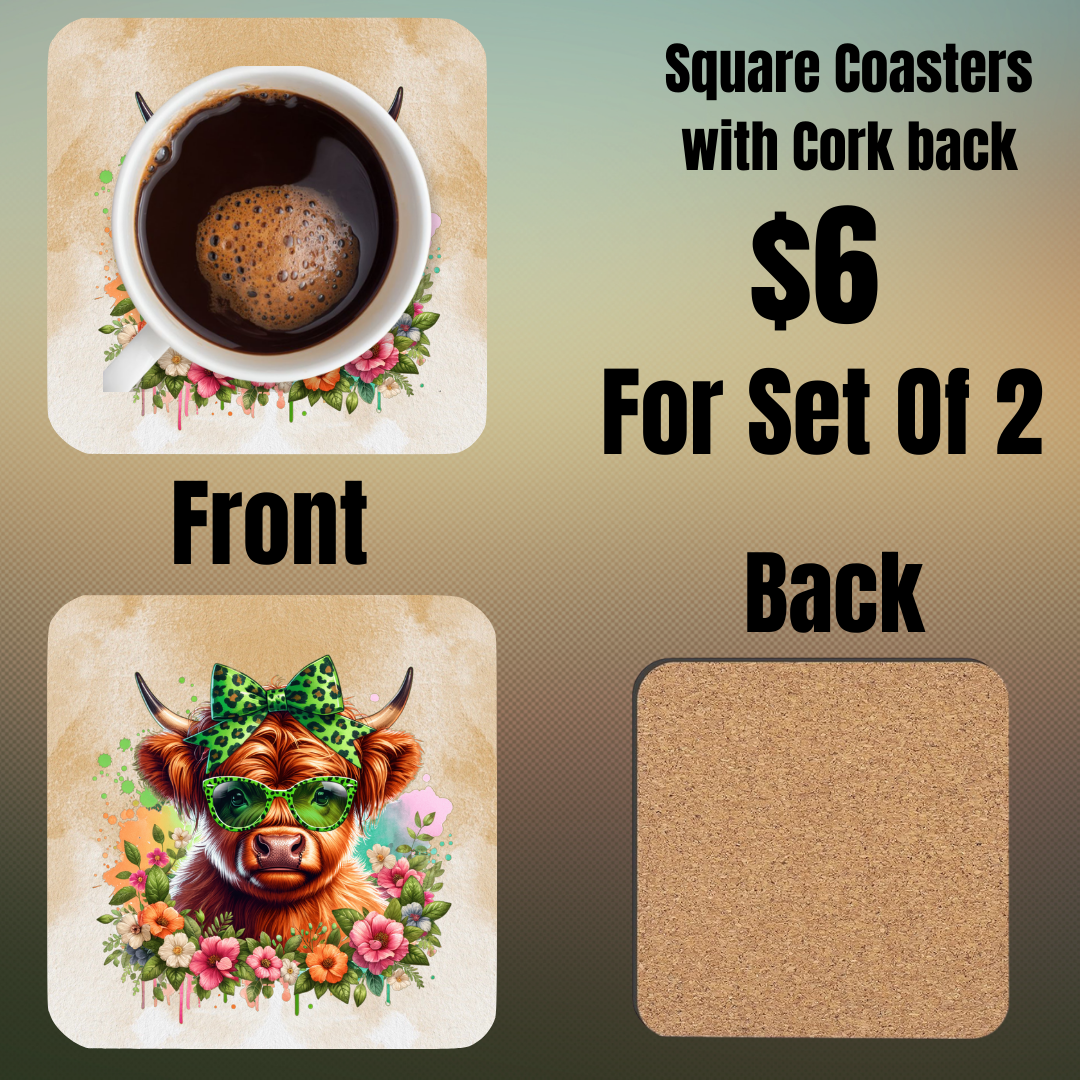 Highland Cow Square Coasters