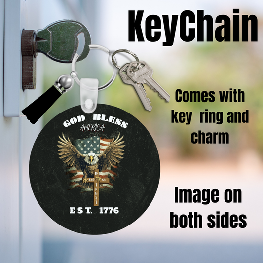God Bless America Keychain – Bald Eagle & Cross Patriotic Design (Double-Sided)