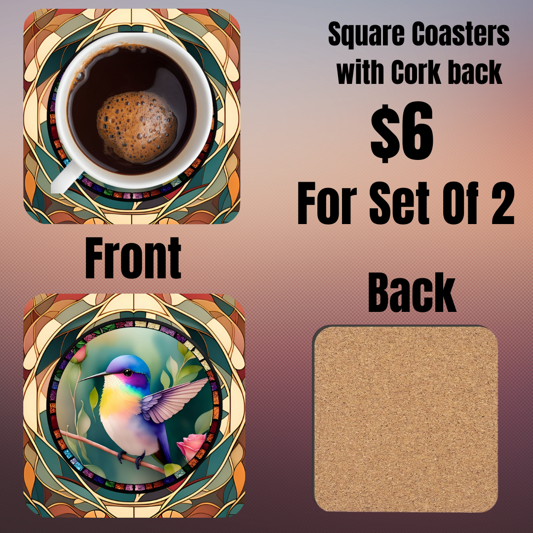 Square Coasters with Hummingbird Design - Set of 2