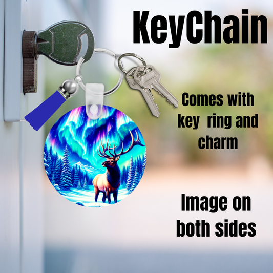 Northern Lights Elk Double-Sided Keychain with Charm