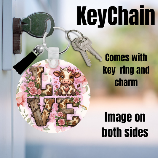 Rustic Cow Love Keychain – Farmhouse Floral Double-Sided Cow Charm with Tassel