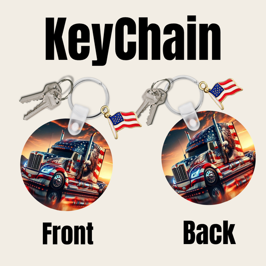 Patriotic Trucker Round Keychain | Double-Sided with American Flag Charm