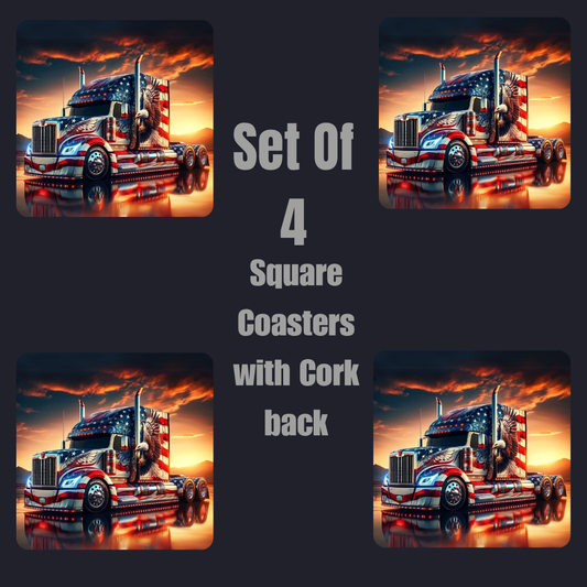 Patriotic Trucker Square Coaster Set | Set of 4 with Cork Back