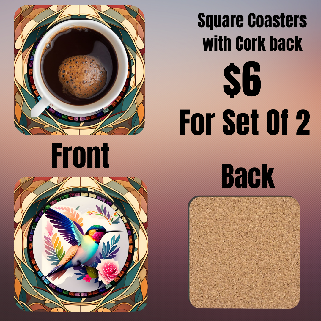 Square Coasters with Hummingbird Design - Set of 2