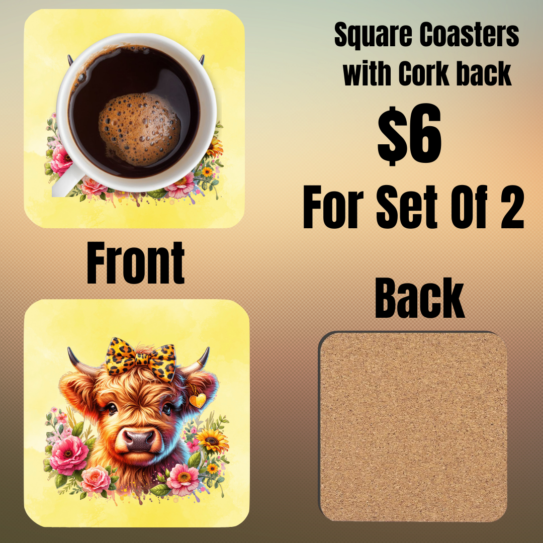 Highland Cow Square Coasters