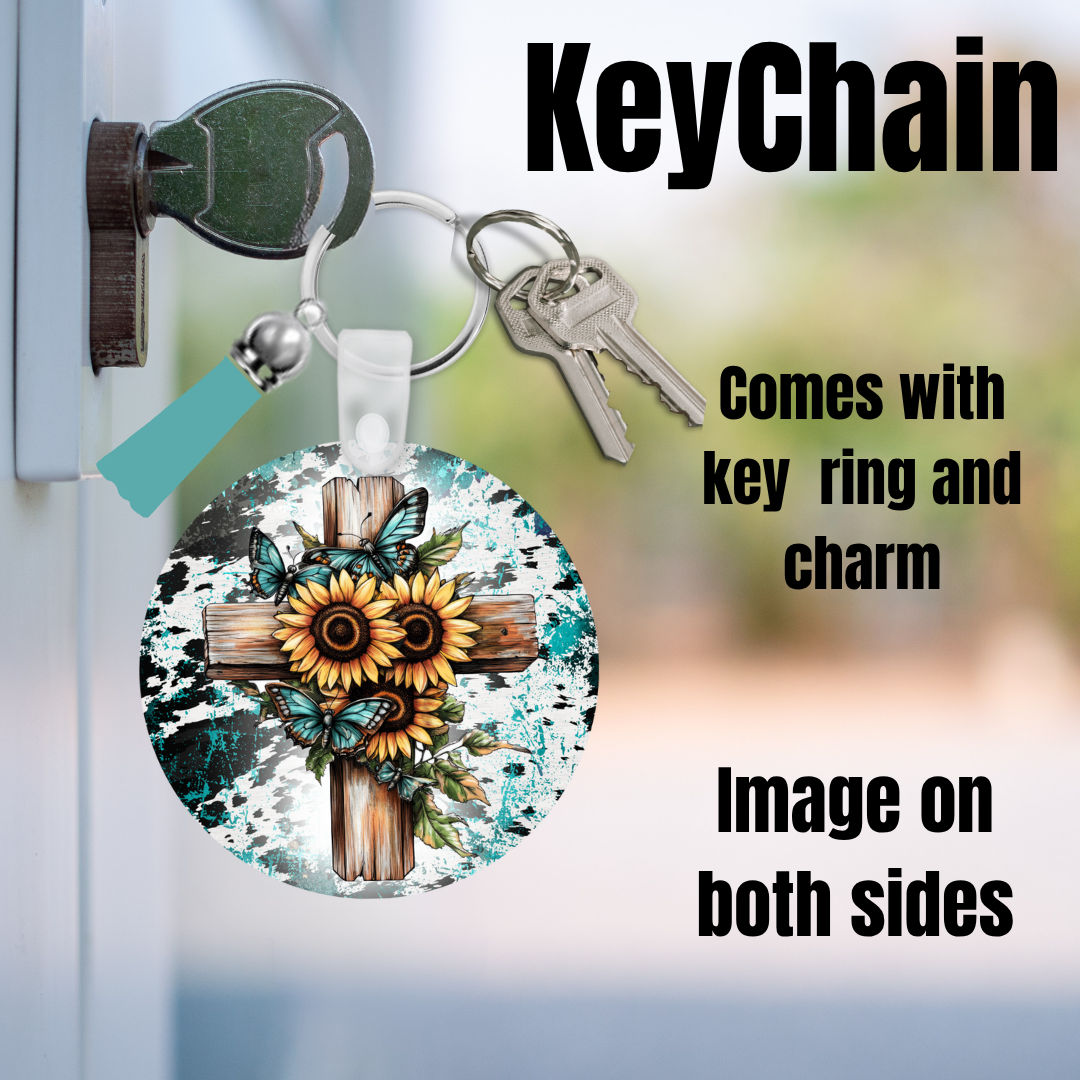Turquoise Faith Double-Sided Keychain Collection – Sunflowers, Butterflies & Western Crosses