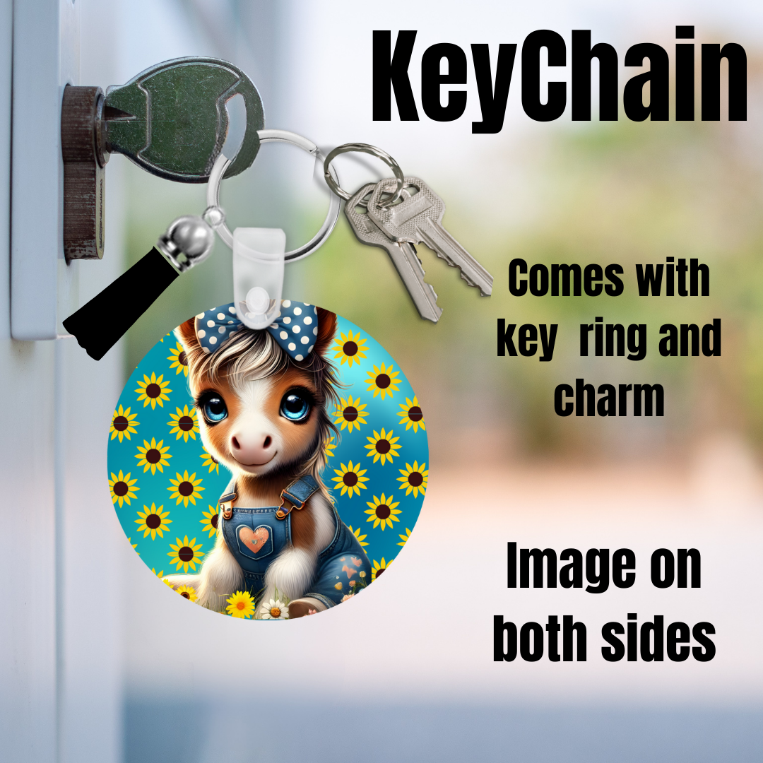 Adorable Baby Donkey & Sunflower Keychain – Double-Sided Animal Charm with Tassel