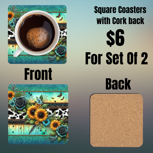 Sunflower and Cow Print Square Coasters with Cork Back