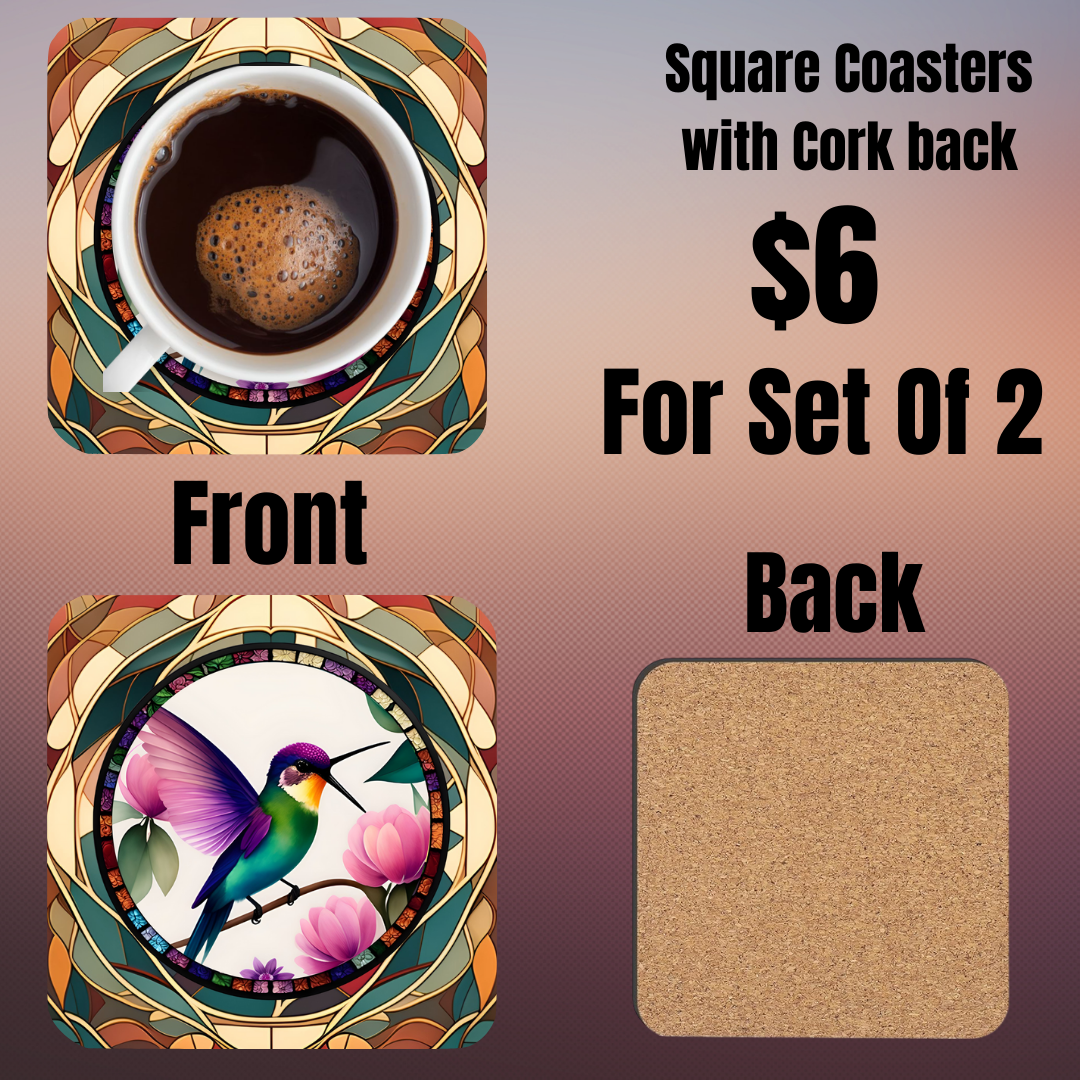 Square Coasters with Hummingbird Design - Set of 2