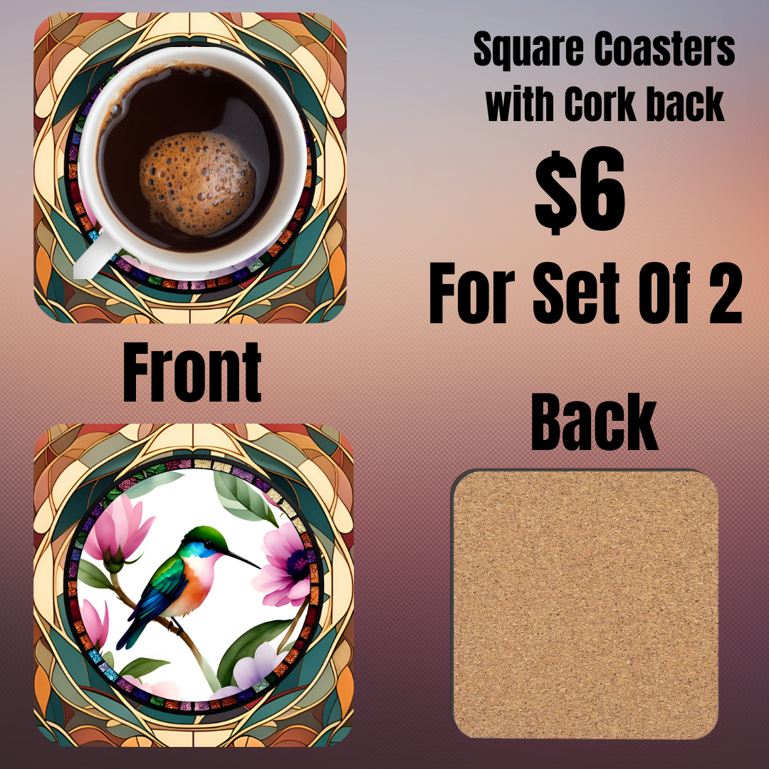 Square Coasters with Hummingbird Design - Set of 2