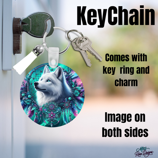 Mystic White Wolf Keychain with Charm – Double-Sided Design