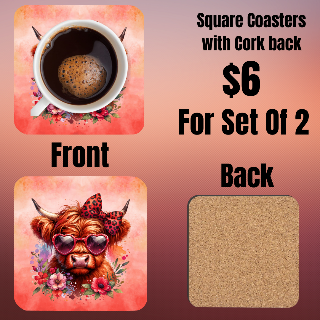 Highland Cow Square Coasters