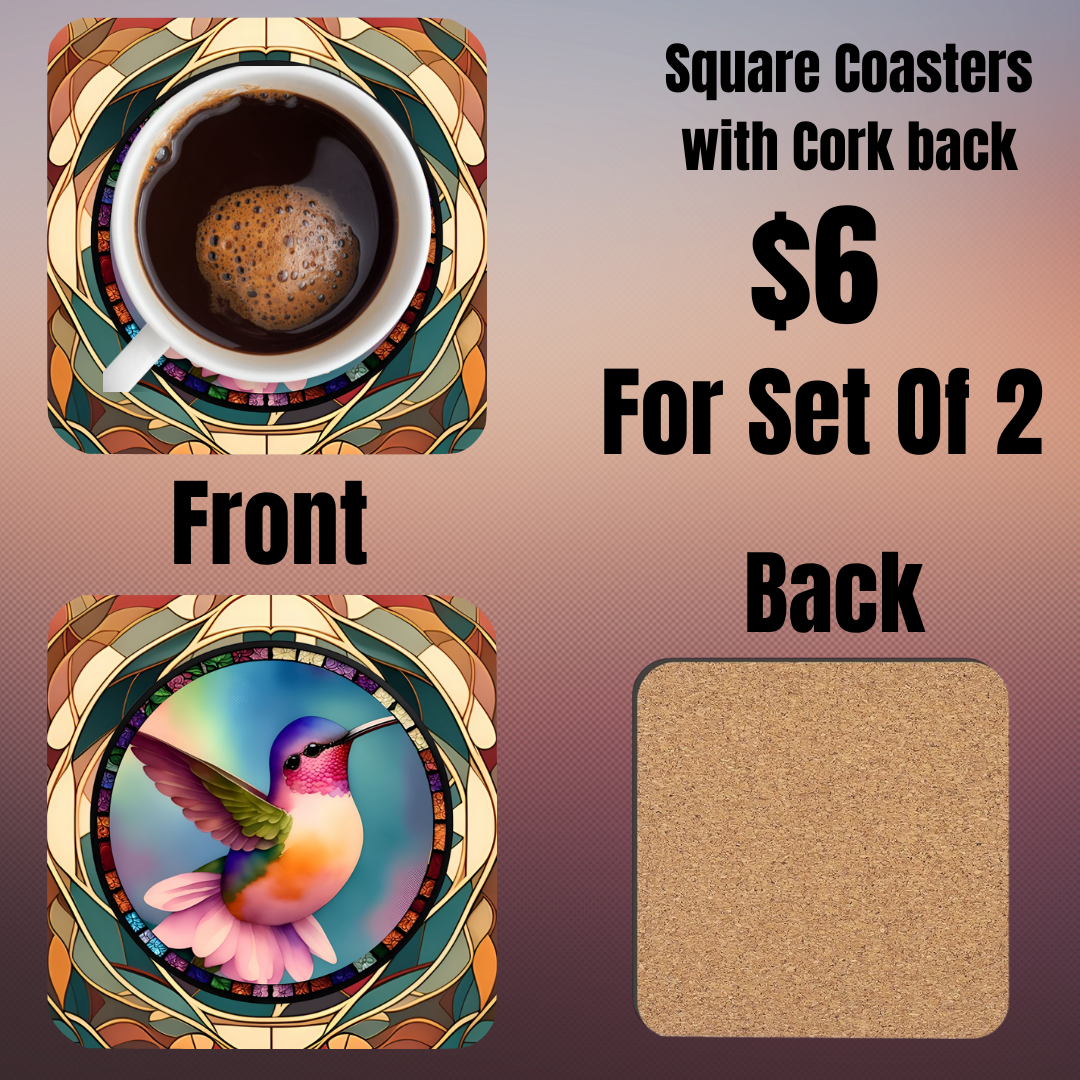 Square Coasters with Hummingbird Design - Set of 2