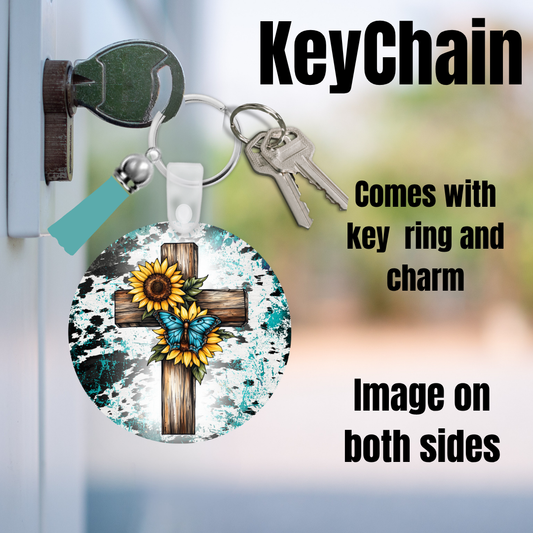 Turquoise Faith Double-Sided Keychain Collection – Sunflowers, Butterflies & Western Crosses