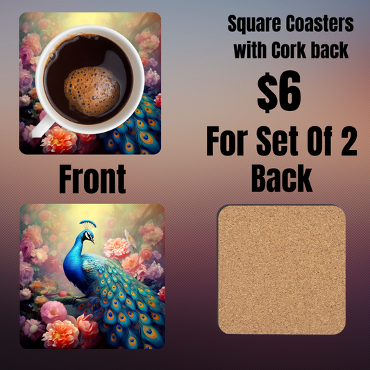 "Majestic Peacock Garden" Square Coasters Set