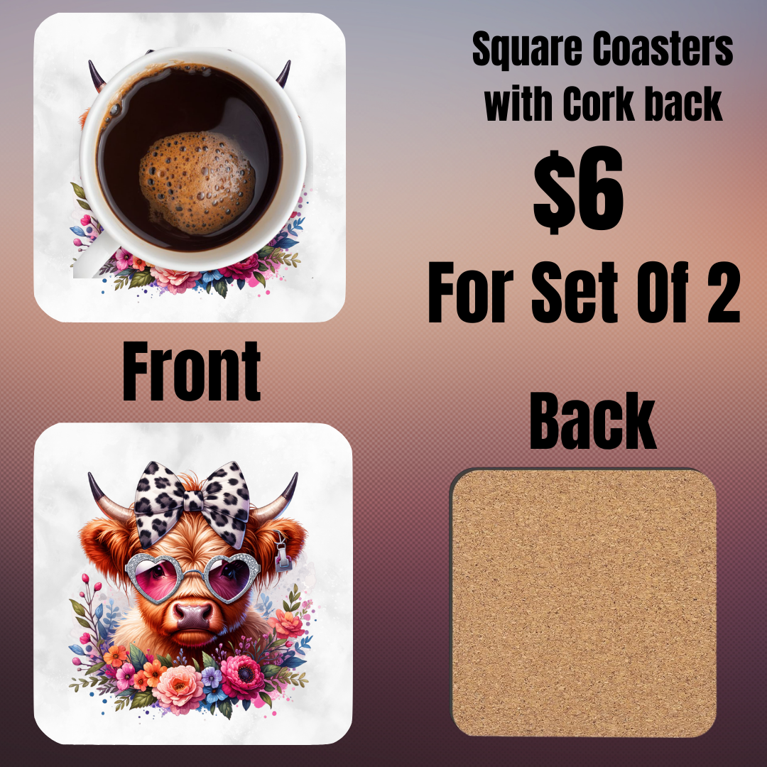 Highland Cow Square Coasters