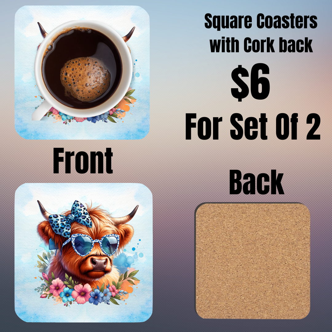 Highland Cow Square Coasters