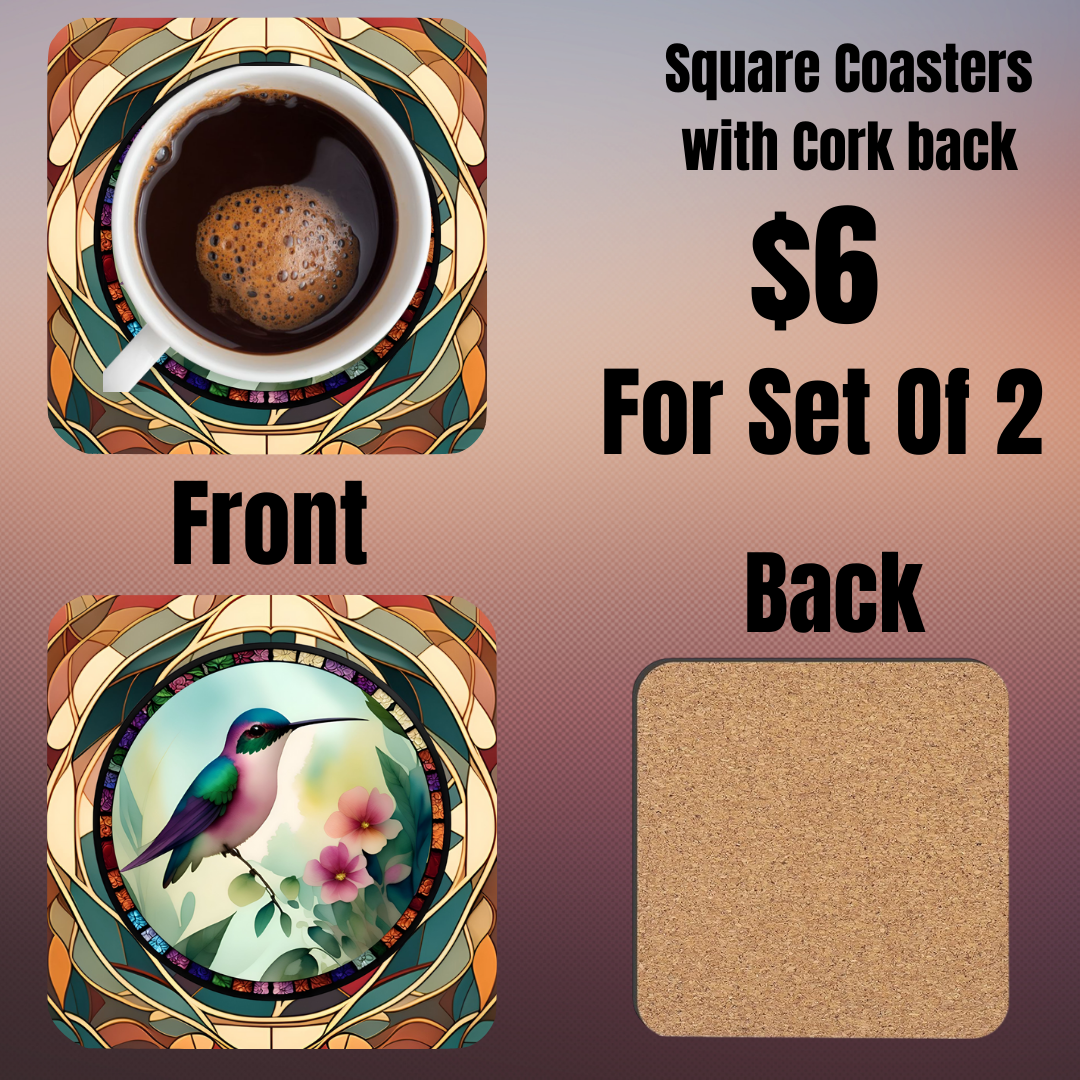 Square Coasters with Hummingbird Design - Set of 2