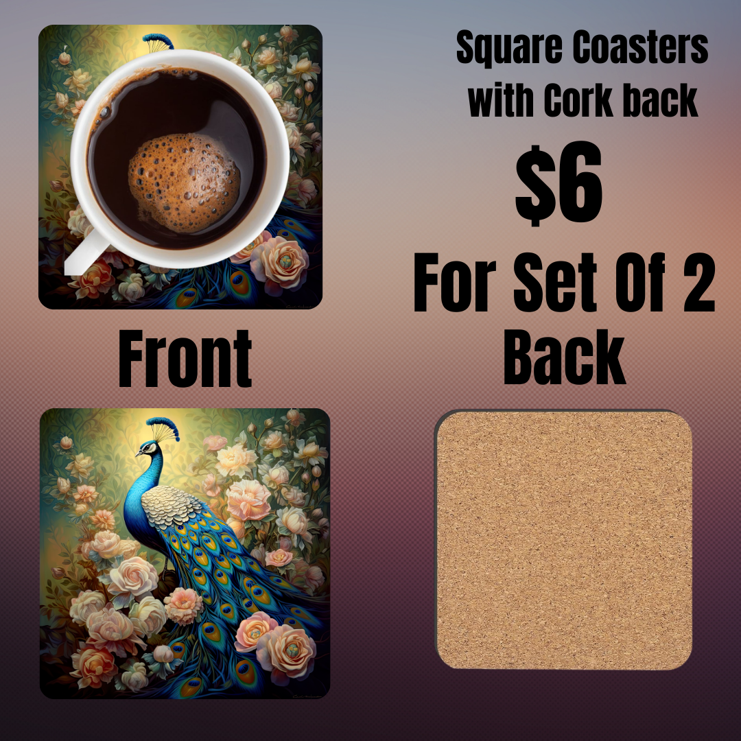 "Majestic Peacock Garden" Square Coasters Set