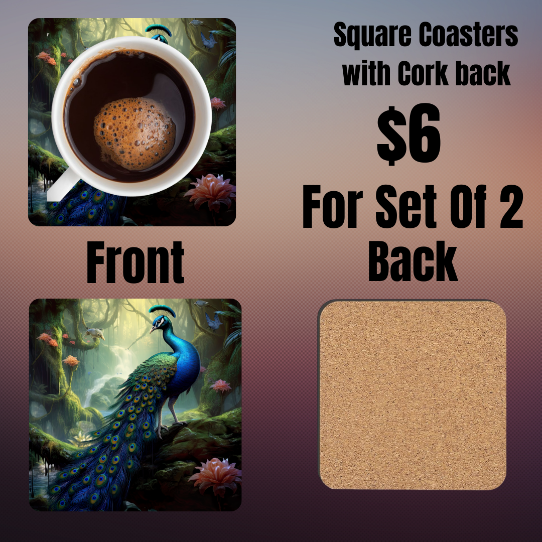 "Majestic Peacock Garden" Square Coasters Set