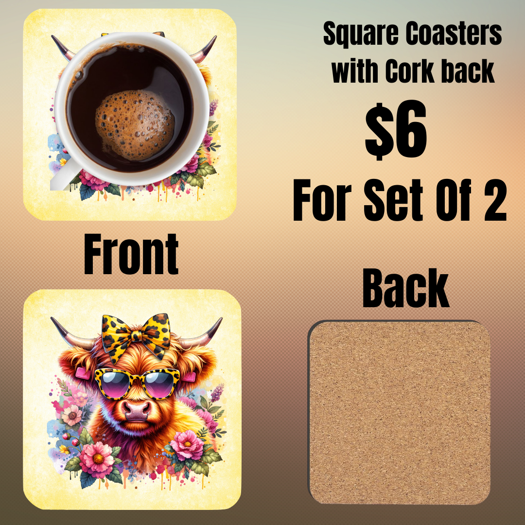 Highland Cow Square Coasters