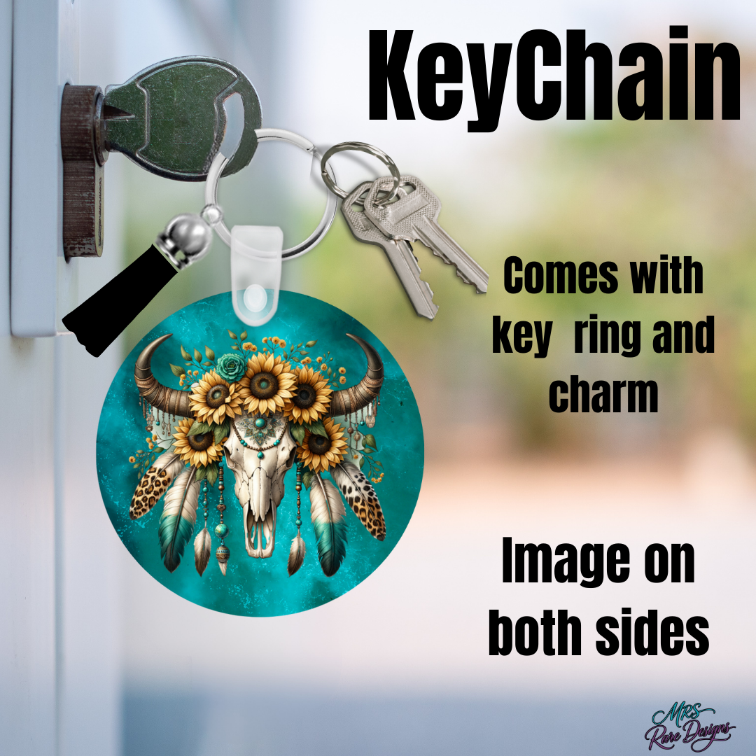 Boho Western Sunflower Steer Skull Keychain with Tassel Charm