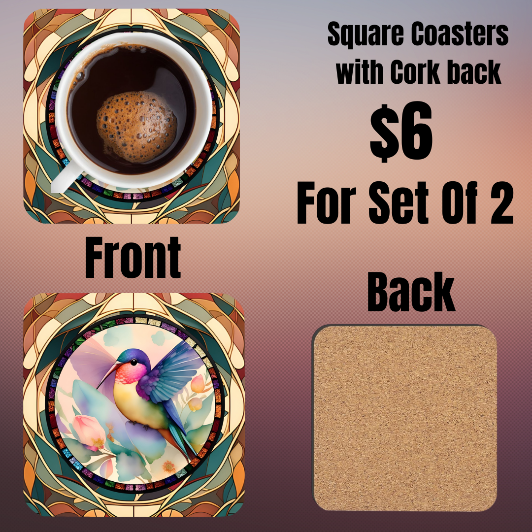 Square Coasters with Hummingbird Design - Set of 2