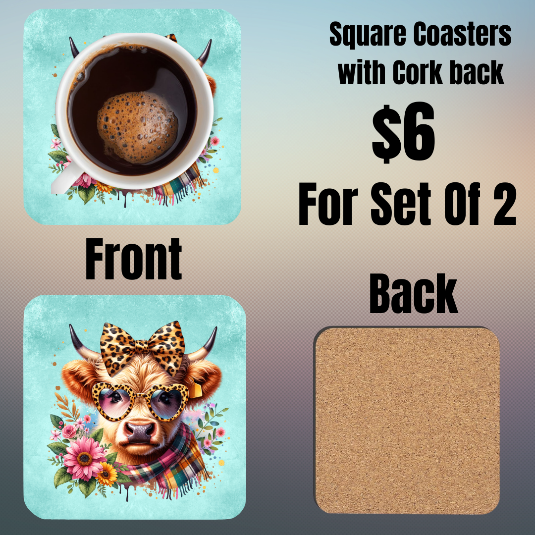 Highland Cow Square Coasters