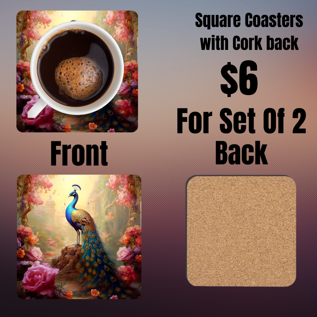 "Majestic Peacock Garden" Square Coasters Set