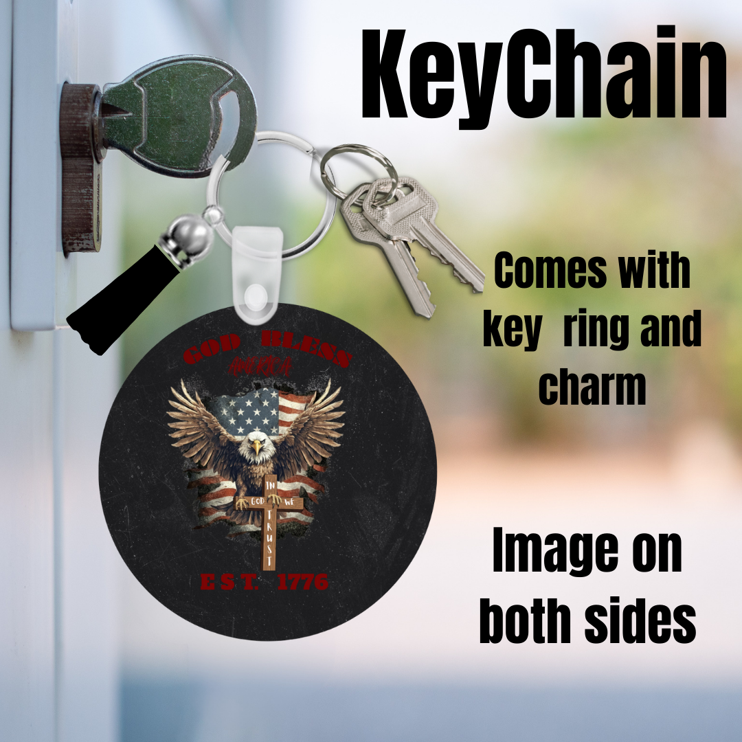 God Bless America Keychain – Bald Eagle & Cross Patriotic Design (Double-Sided)