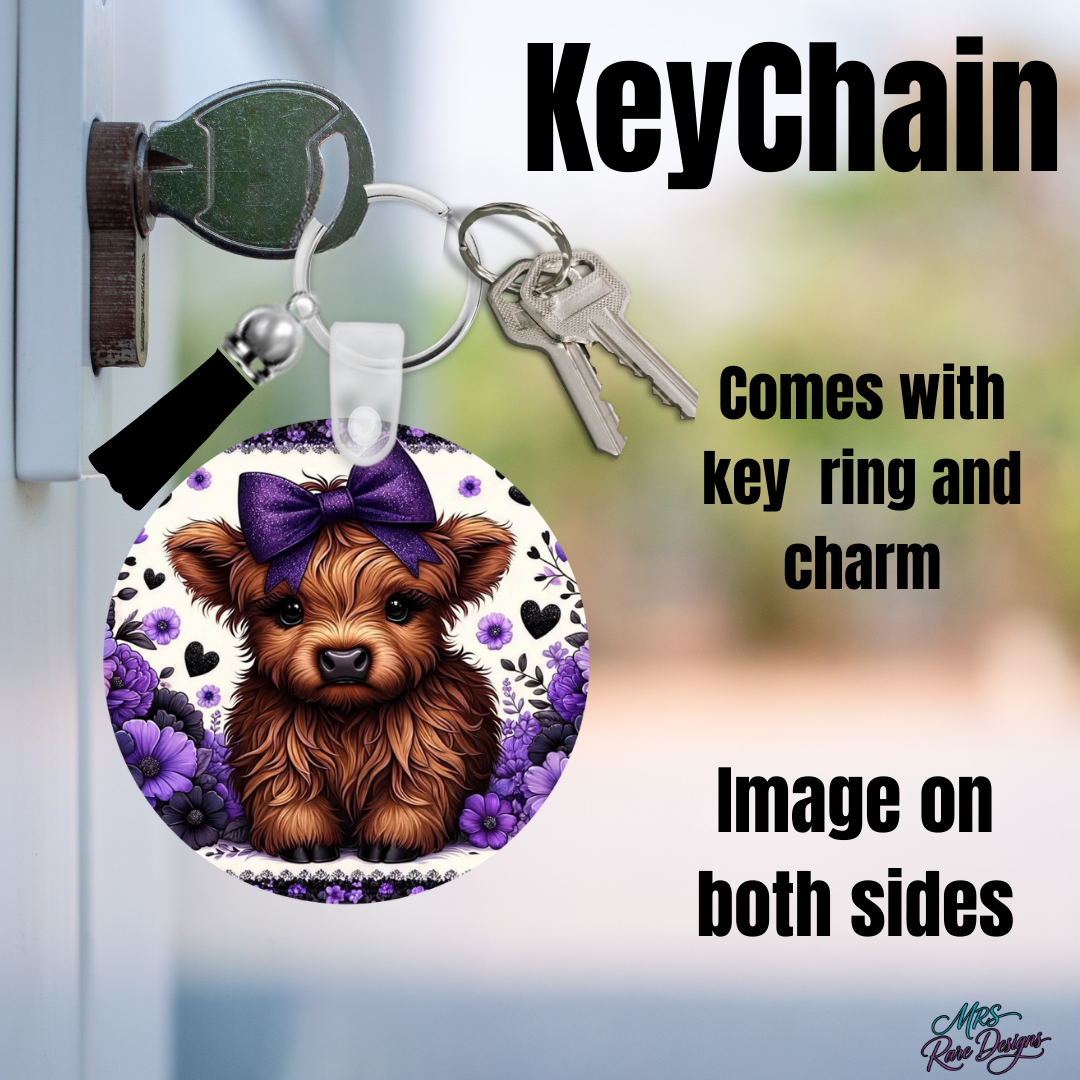 Highland Cow Keychain Collection – Double-Sided Highland Cow Charm with Floral Tassel
