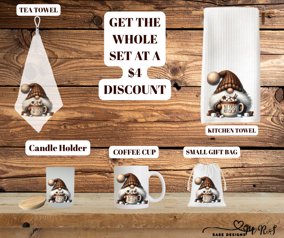 Cozy Cocoa Gnome Complete Gift Set – Mug, Towels, Candle Holder & Gift Bag (Save $4!)