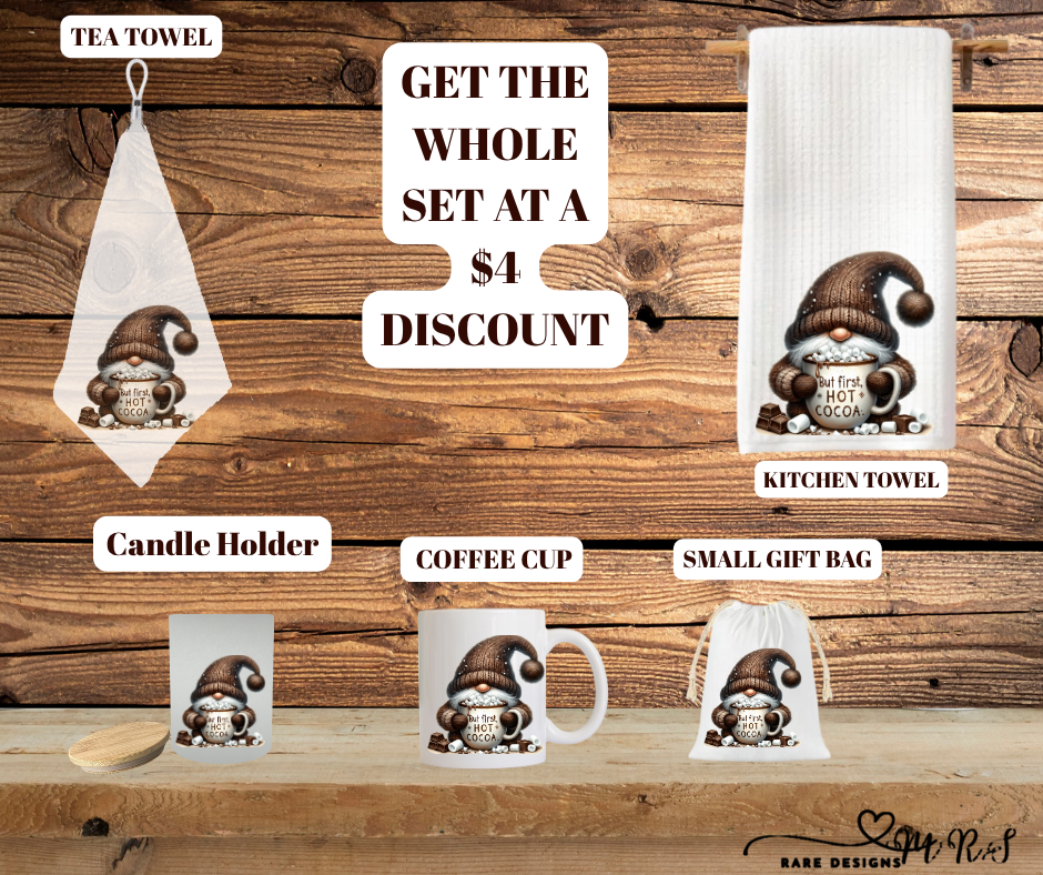 Cozy Cocoa Gnome Complete Gift Set – Mug, Towels, Candle Holder & Gift Bag (Save $4!)