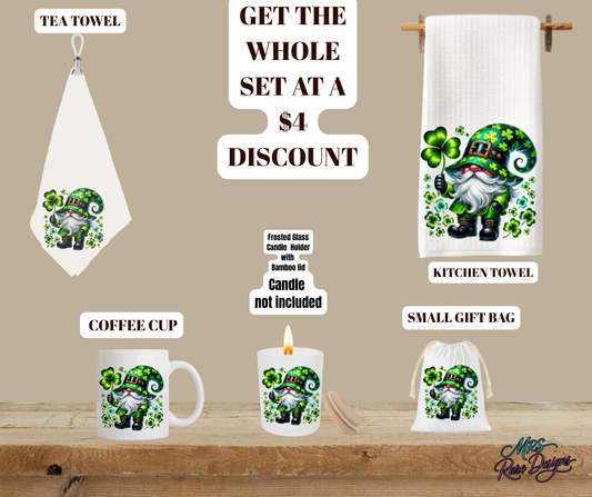 St. Patrick’s Day Gnome Home Gift Set – 5-Piece Lucky Clover Bundle (Towels, Coffee Mug, Candle Holder & Gift Bag)