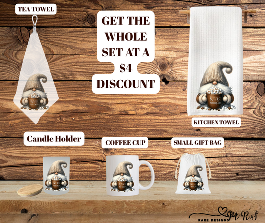 Cozy Cocoa Gnome Complete Gift Set – Mug, Towels, Candle Holder & Gift Bag (Save $4!)