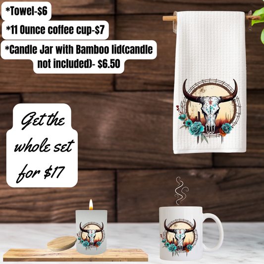 Rustic Longhorn Bloom Kitchen Gift Set – Towel, Mug & Candle Holder