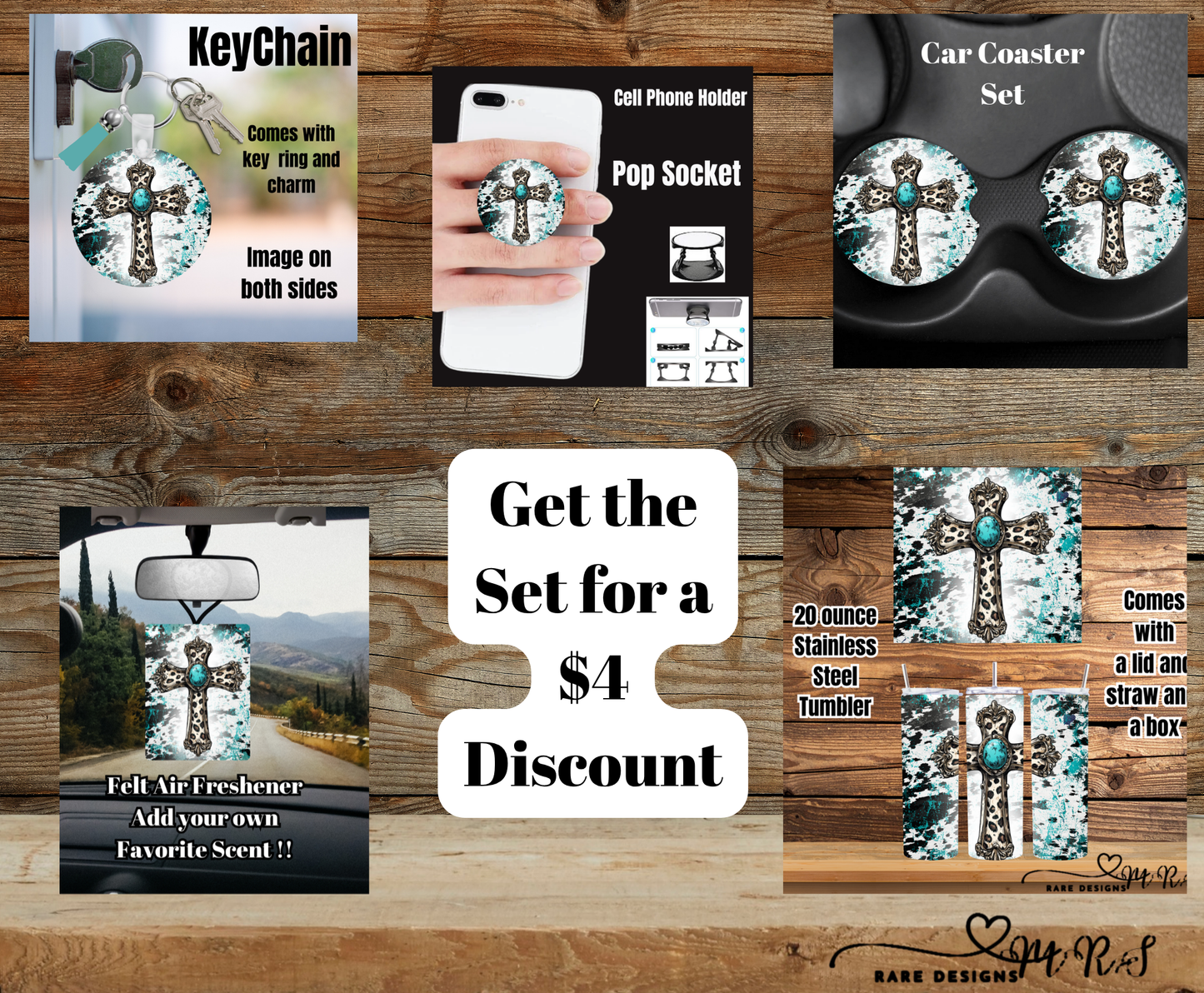 Turquoise Cross Cowhide Splash Gift Set — Tumbler, Car Coasters, Keychain, Pop Socket & Air Freshener