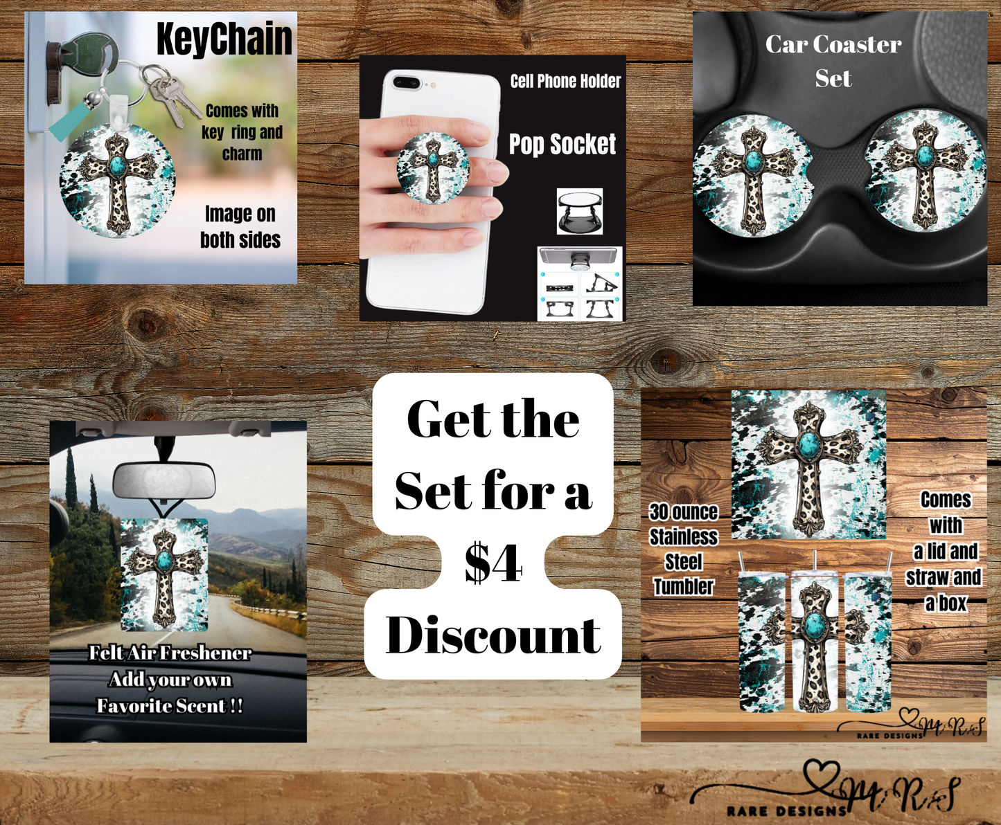 Turquoise Cross Cowhide Splash Gift Set — Tumbler, Car Coasters, Keychain, Pop Socket & Air Freshener