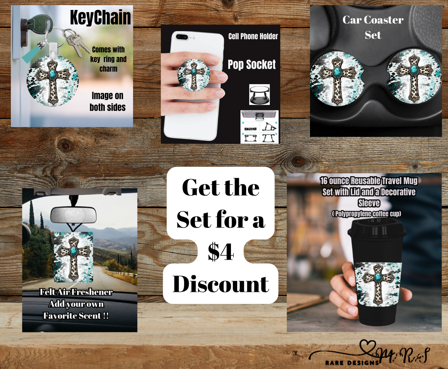 Turquoise Cross Cowhide Splash Travel Set — 16oz Reusable Mug + Car Coasters + Keychain + Pop Socket + Air Freshener (Save $4)