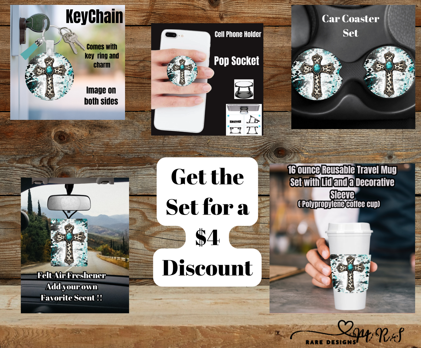 Turquoise Cross Cowhide Splash Travel Set — 16oz Reusable Mug + Car Coasters + Keychain + Pop Socket + Air Freshener (Save $4)