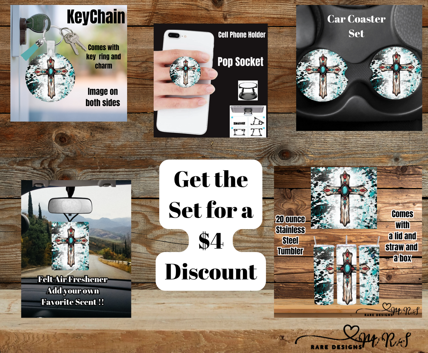 Turquoise Cross Cowhide Splash Gift Set — Tumbler, Car Coasters, Keychain, Pop Socket & Air Freshener