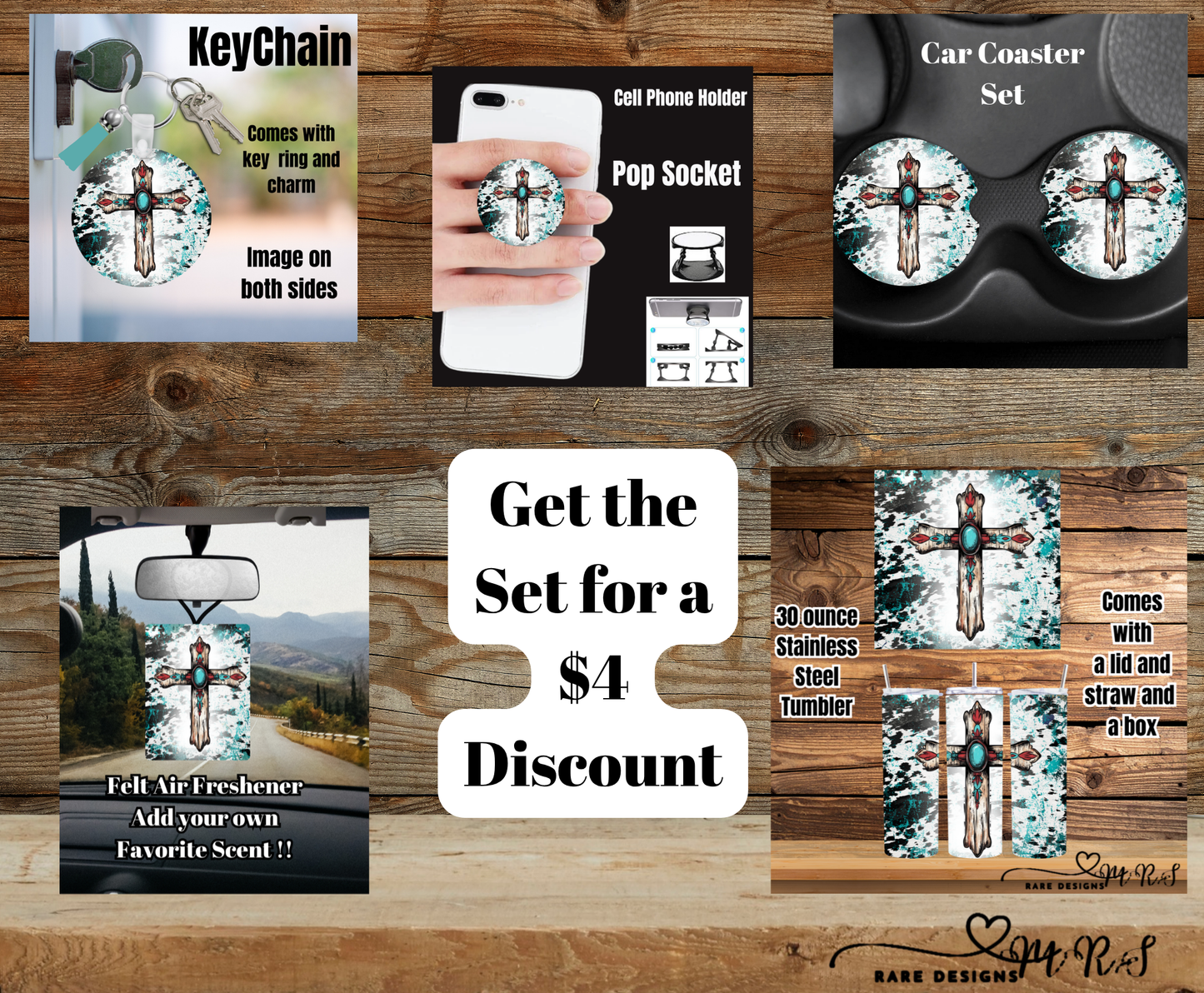 Turquoise Cross Cowhide Splash Gift Set — Tumbler, Car Coasters, Keychain, Pop Socket & Air Freshener