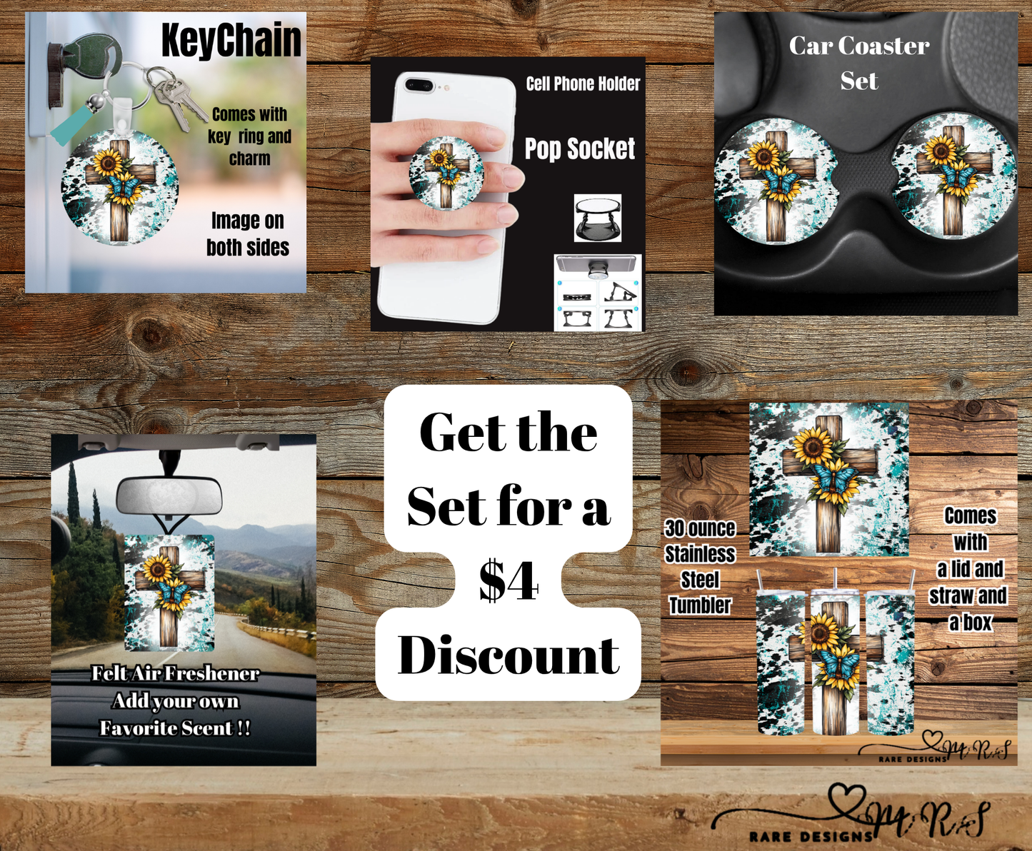 Turquoise Cross Cowhide Splash Gift Set — Tumbler, Car Coasters, Keychain, Pop Socket & Air Freshener