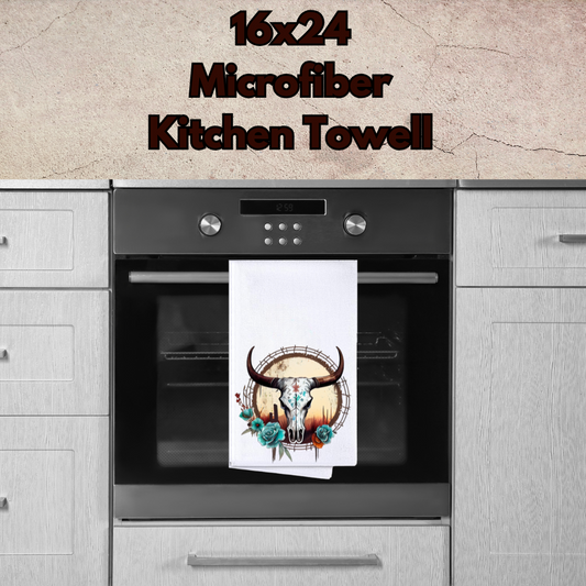 Rustic Longhorn Bloom Microfiber Kitchen Towel – 16x24