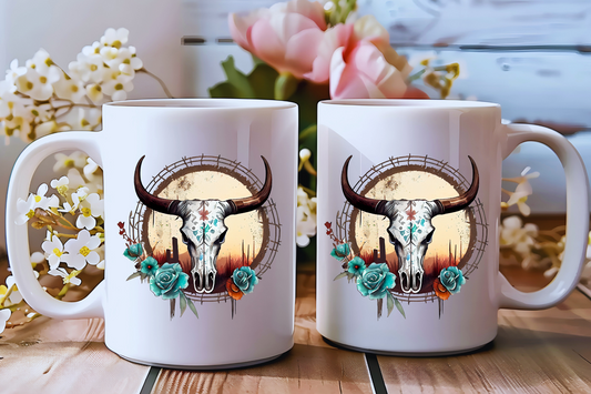 Rustic Longhorn Bloom Ceramic Mug – Double-Sided Design