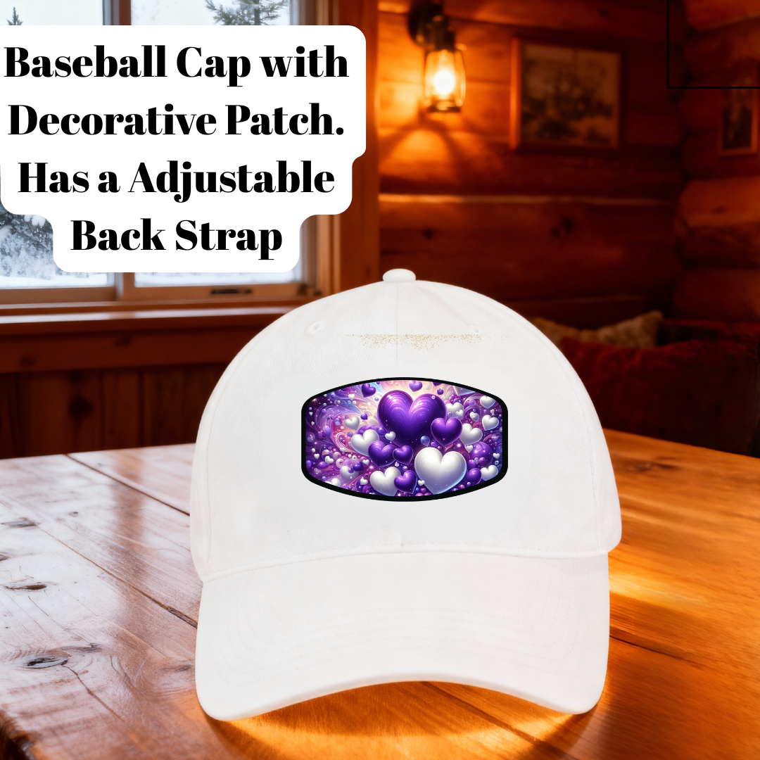White Baseball Caps – Purple Heart Art Patch Collection (Rectangular, Round & Wide Designs)